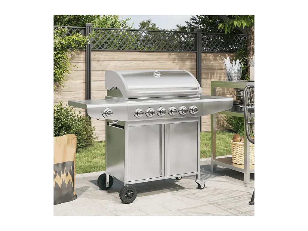Barbecue à gaz avec 7 brûleurs argent acier inoxydable