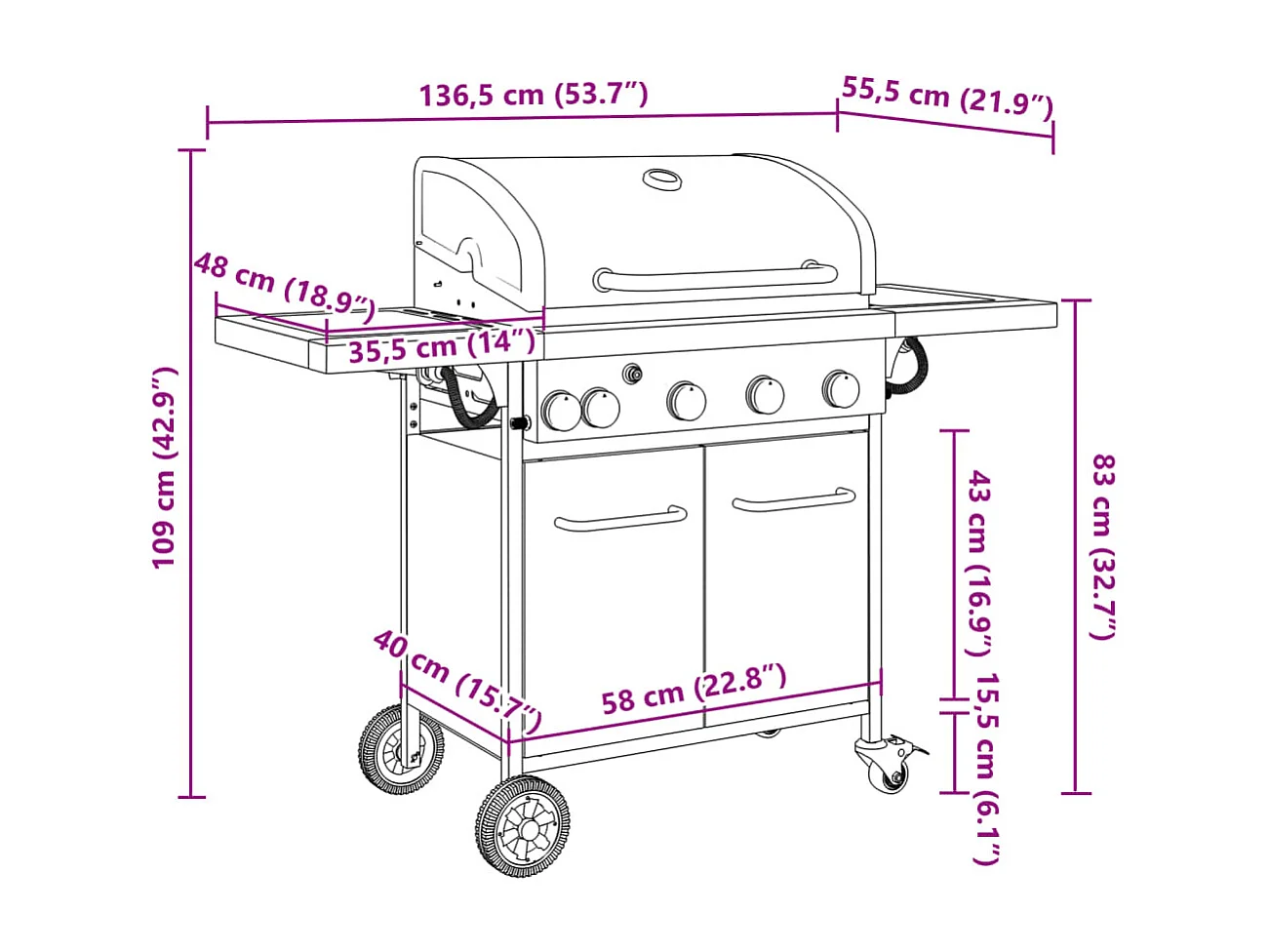 Gasbarbecue met 5 branders gepoedercoat staal zwart