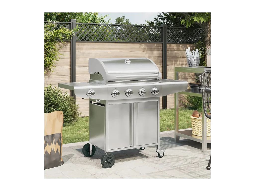 Barbecue à gaz avec 5 brûleurs argenté acier inoxydable