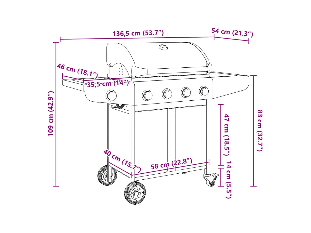 Barbecue à gaz avec 5 brûleurs argenté acier inoxydable
