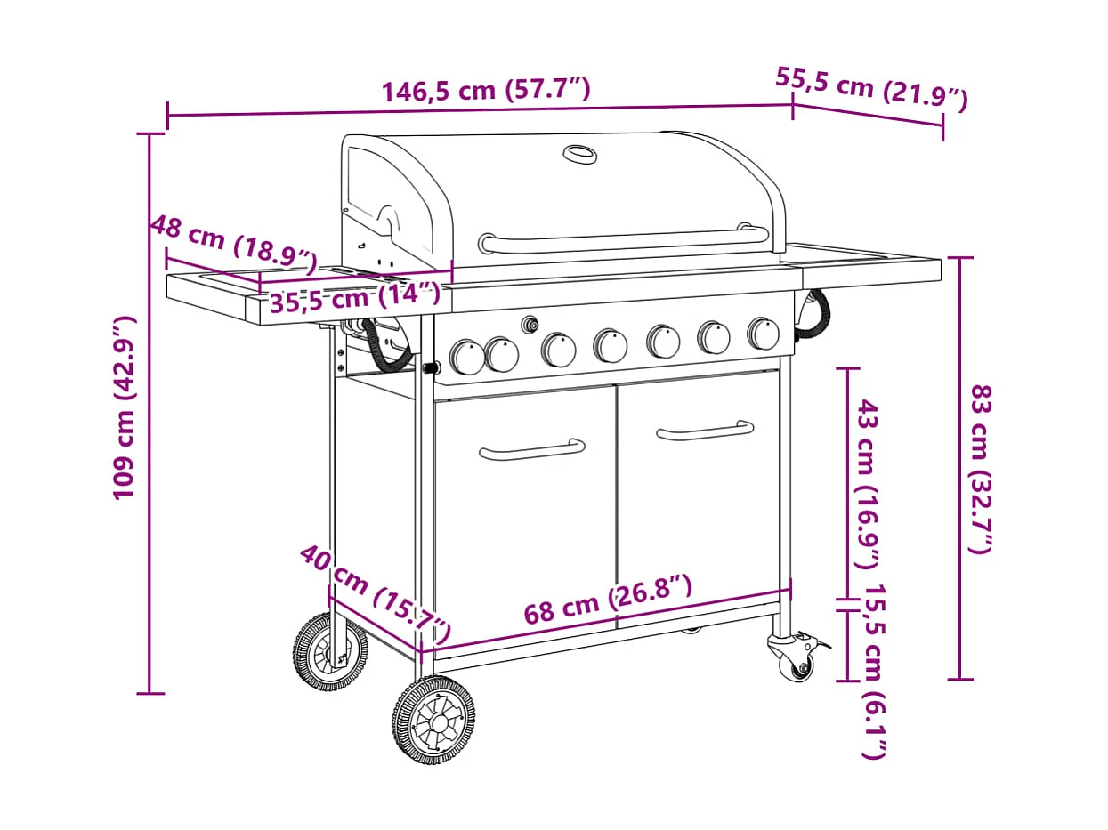 Barbecue gril à gaz avec 7 brûleurs noir acier enduit de poudre