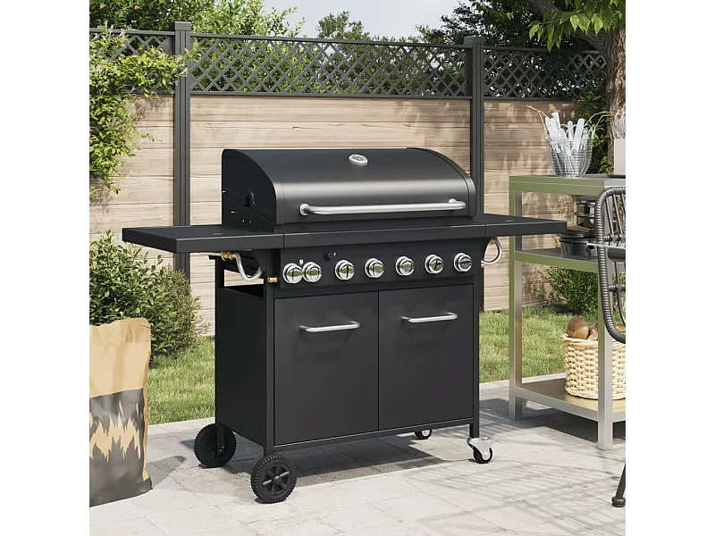 Barbecue gril à gaz avec 7 brûleurs noir acier enduit de poudre