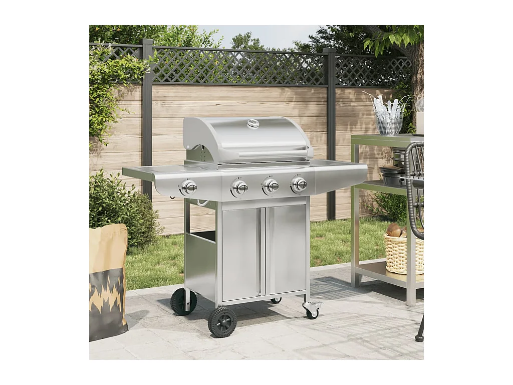 Barbecue gril à gaz avec 4 brûleurs argenté acier inoxydable