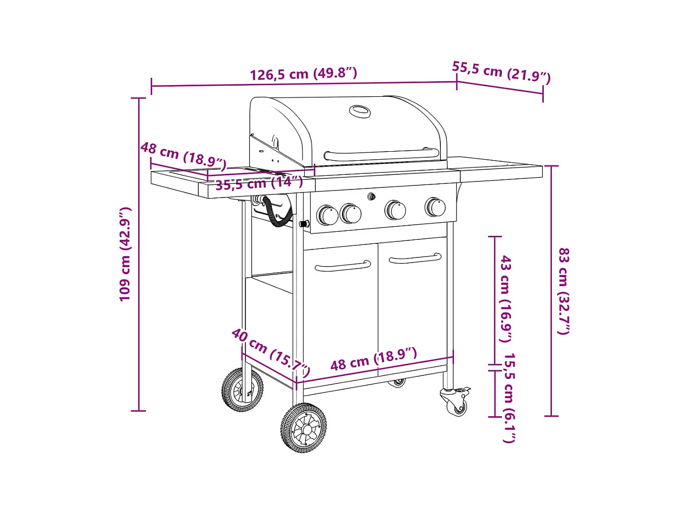 Barbecue gril à gaz avec 4 brûleurs noir acier enduit de poudre