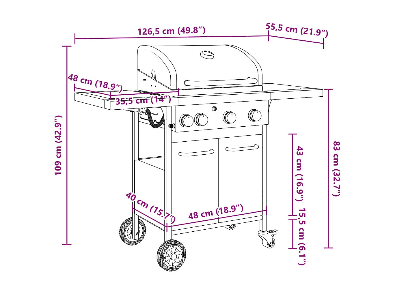 Barbecue gril à gaz avec 4 brûleurs noir acier enduit de poudre