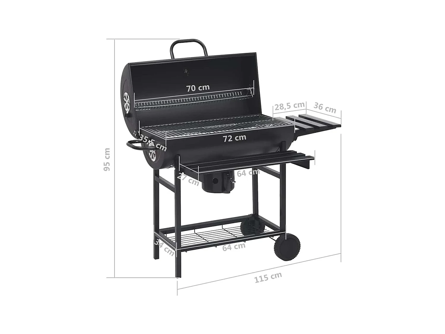 Gril à baril avec roues et étagères Noir Acier 115x85x95 cm