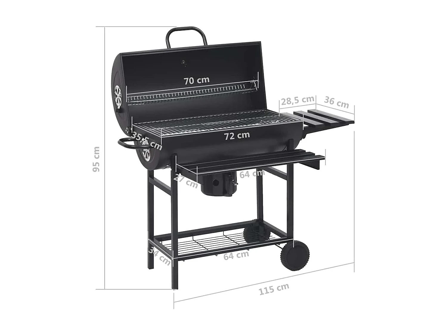 Gril à baril avec roues et étagères Noir Acier 115x85x95 cm