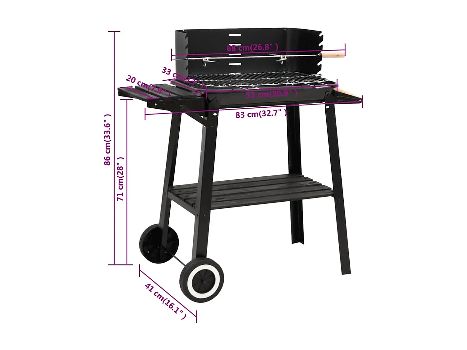 Barbecue au charbon de bois avec roues noir acier