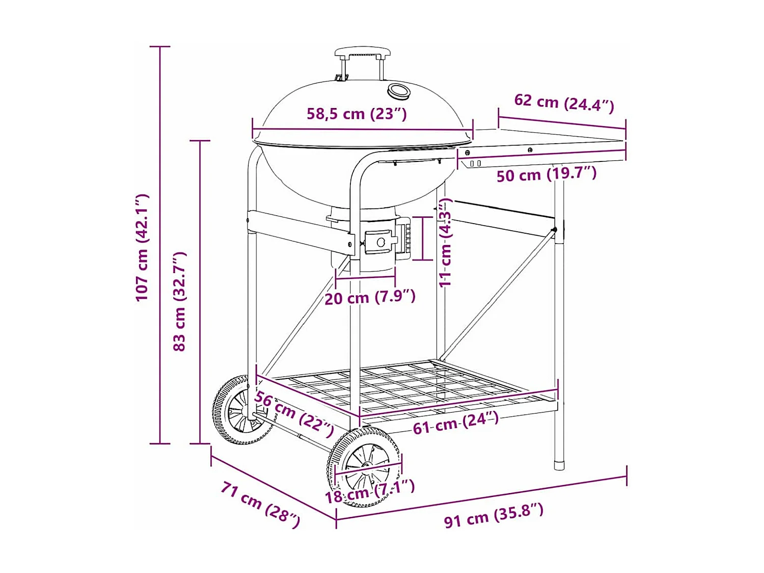 Grill extérieur avec roue Noir 91 x 71 x 107 cm Métal