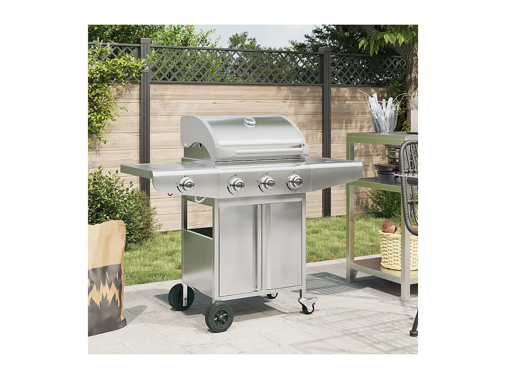 Barbecue gril à gaz avec 4 brûleurs argenté acier inoxydable