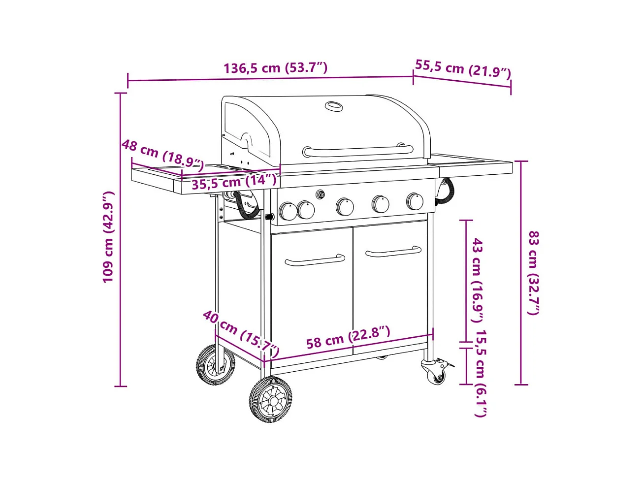Gasbarbecue met 5 branders gepoedercoat staal zwart