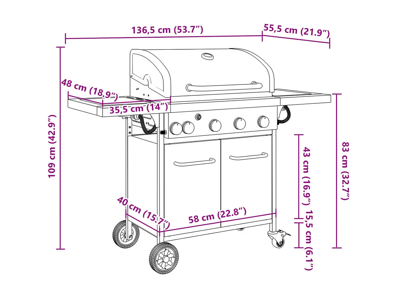 Gasbarbecue met 5 branders gepoedercoat staal zwart