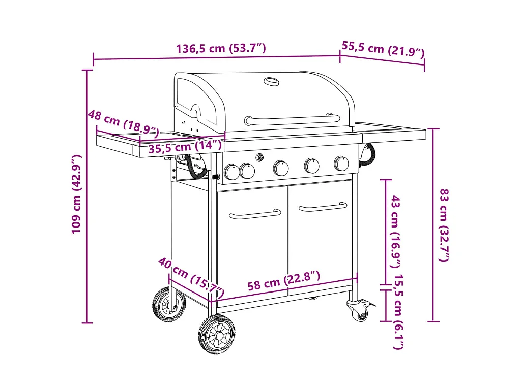 Gasbarbecue met 5 branders gepoedercoat staal zwart