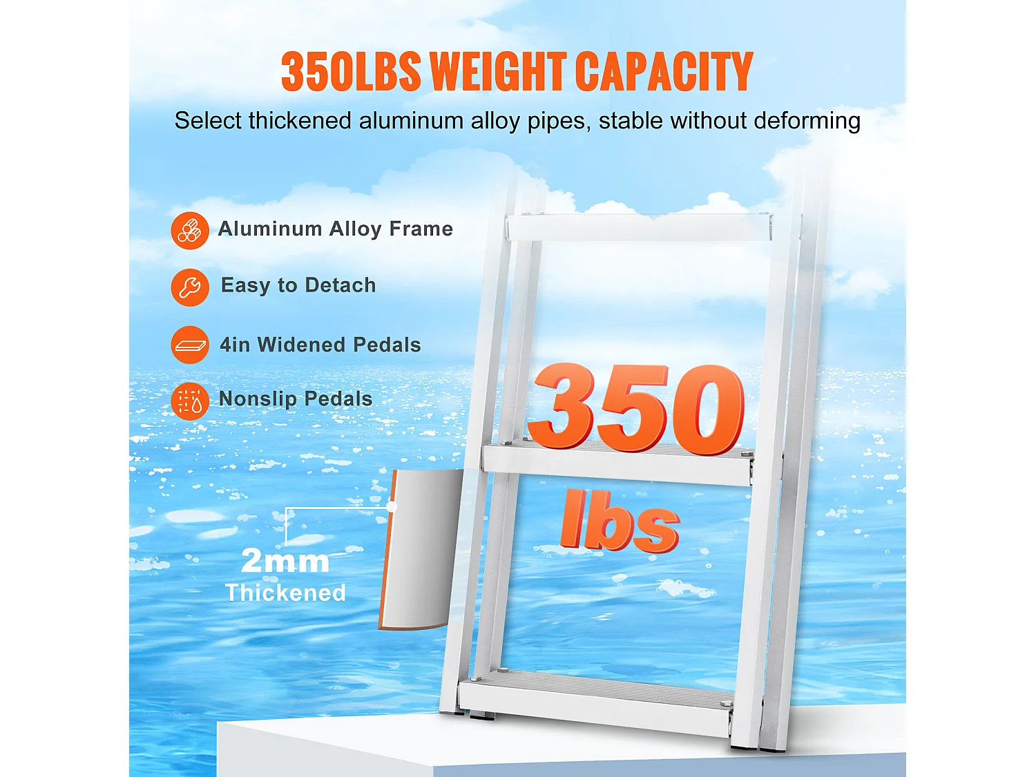 Échelle de Quai Rabattable en Aluminium SucceBuy, 4 Marches, Capacité de 159 kg, pour Embarquement à Bord de Bateaux, Lacs, Piscines