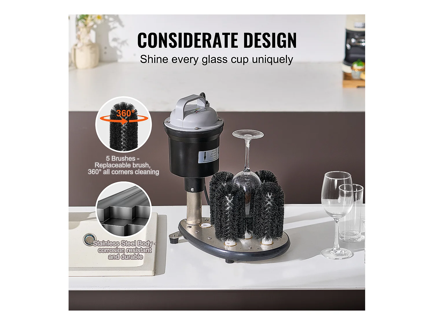 Lave-verres Électrique SucceBuy, 5 Brosses, 1200 Tasses/h, pour Différents Verres