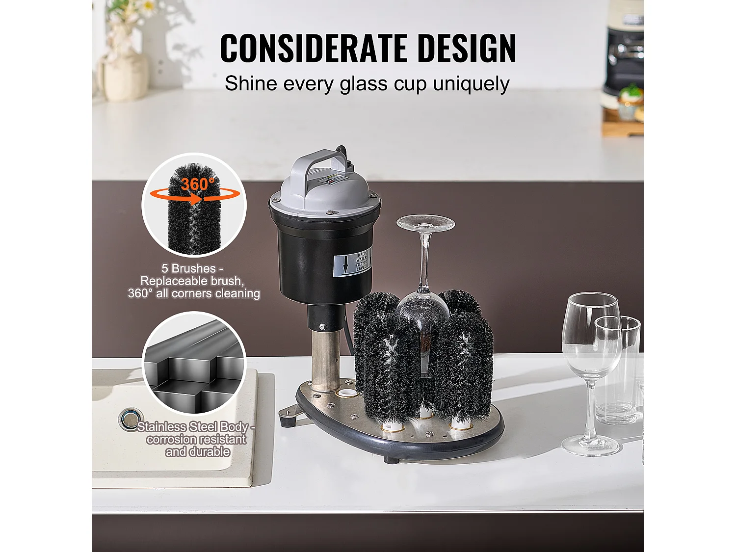 Lave-verres Électrique SucceBuy, 5 Brosses, 1200 Tasses/h, pour Différents Verres