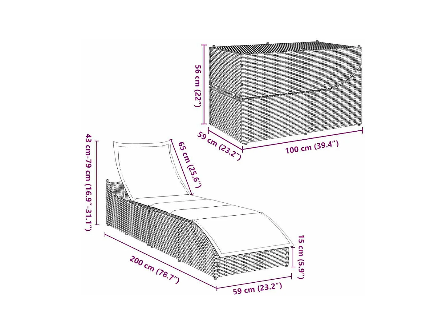 Klappliege mit Auflage und Stauraum Beige Poly-Rattan