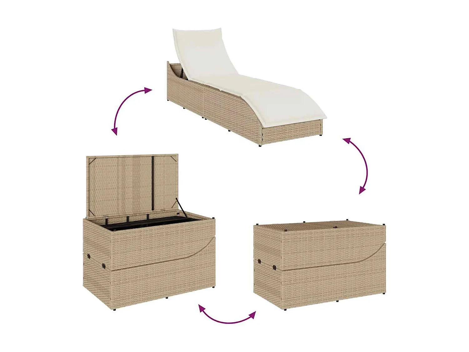 Klappliege mit Auflage und Stauraum Beige Poly-Rattan