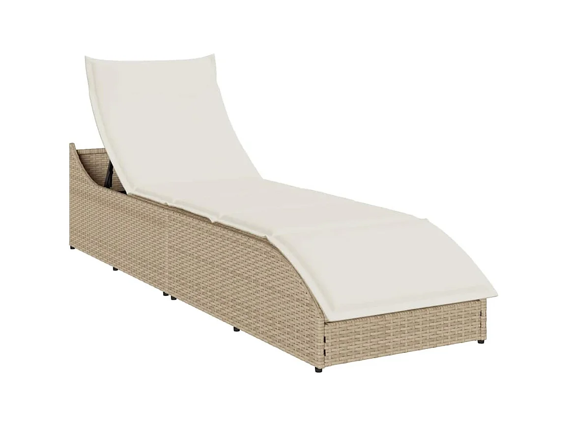 Chaise longue pliante coussin et rangement beige résine tressée