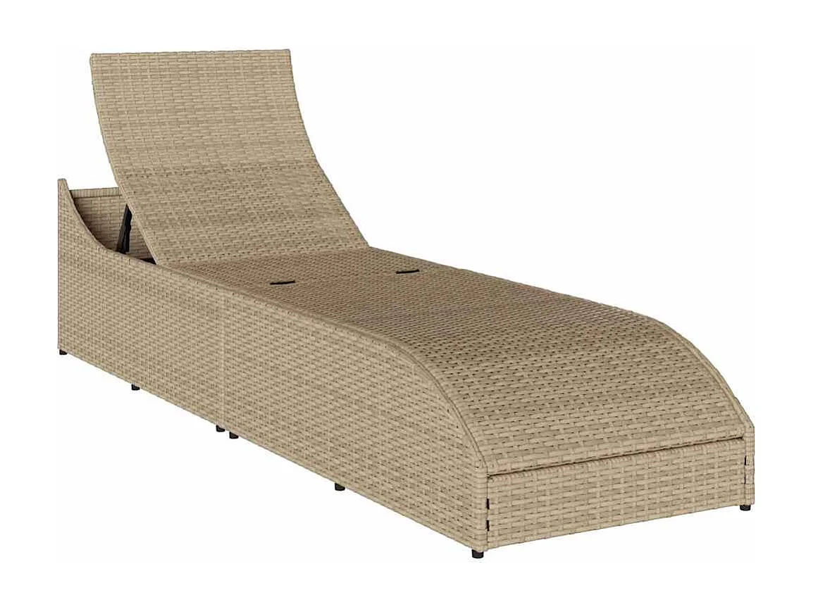 Chaise longue pliante coussin et rangement beige résine tressée