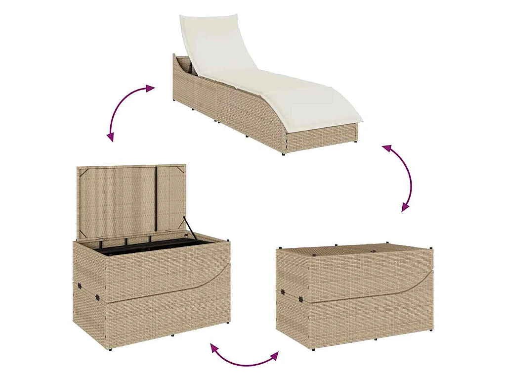 Klappliege mit Auflage und Stauraum Beige Poly-Rattan
