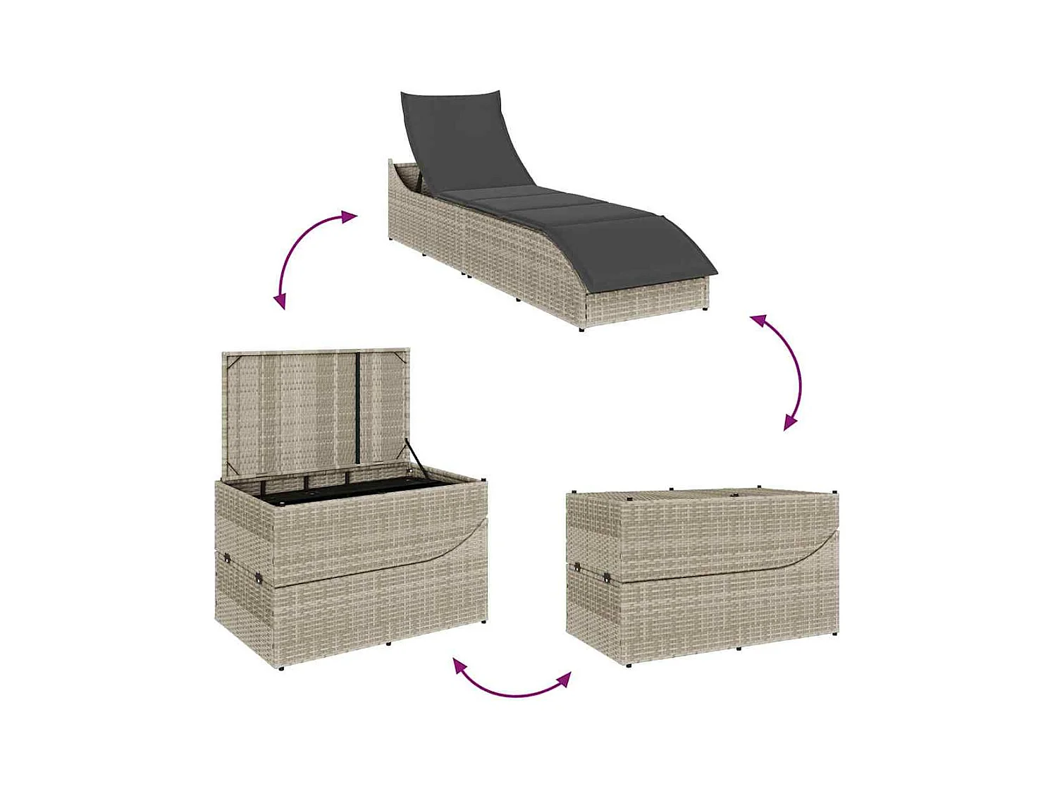 Klappliege mit Auflage und Stauraum Hellgrau Poly-Rattan