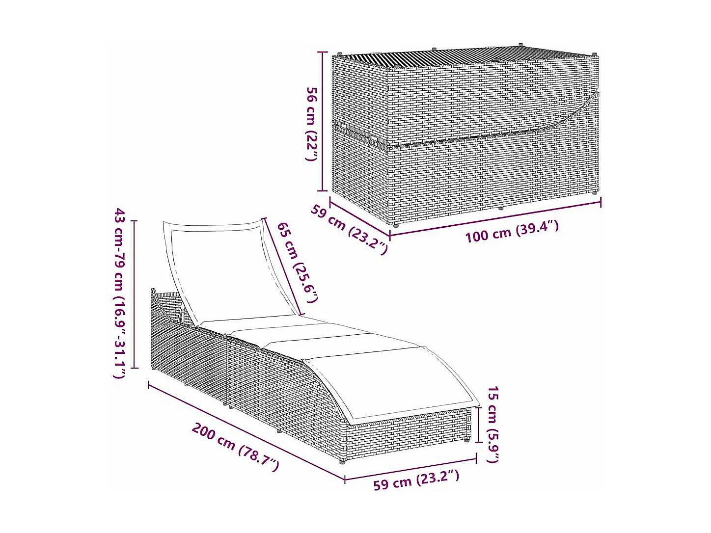 Chaise longue pliante coussin et rangement gris clair polyrotin