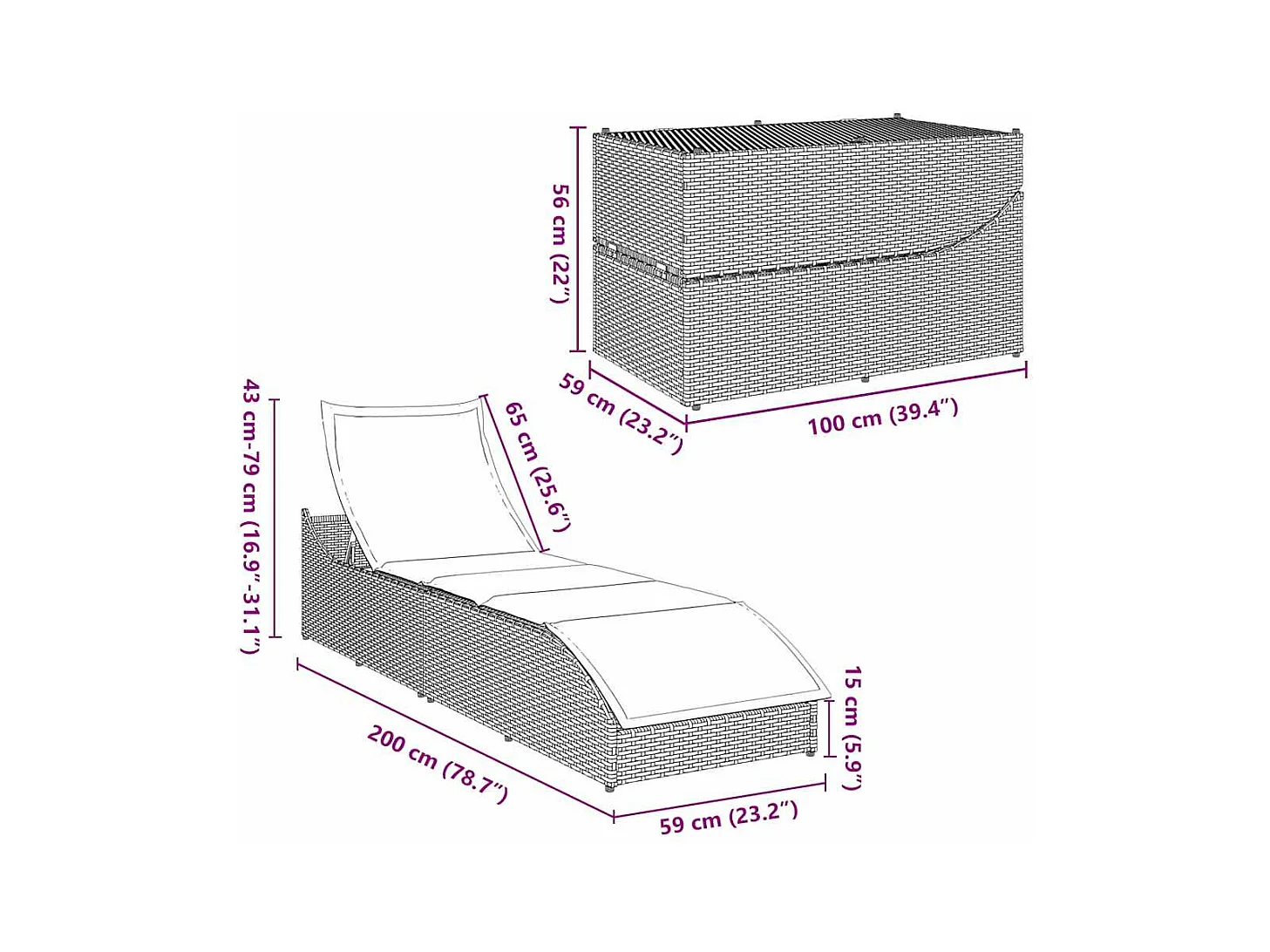 Espreguiçadeira dobrável com almofada e arrumação vime PE