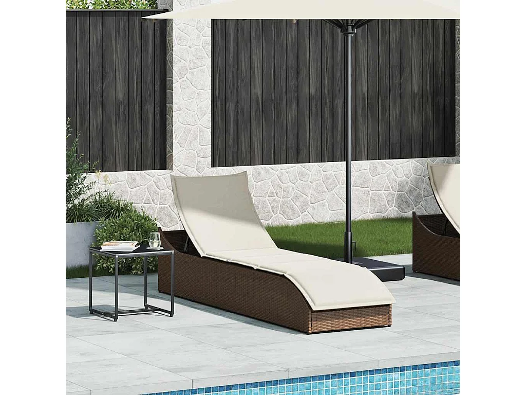 Chaise longue pliante coussin rangement marron résine tressée