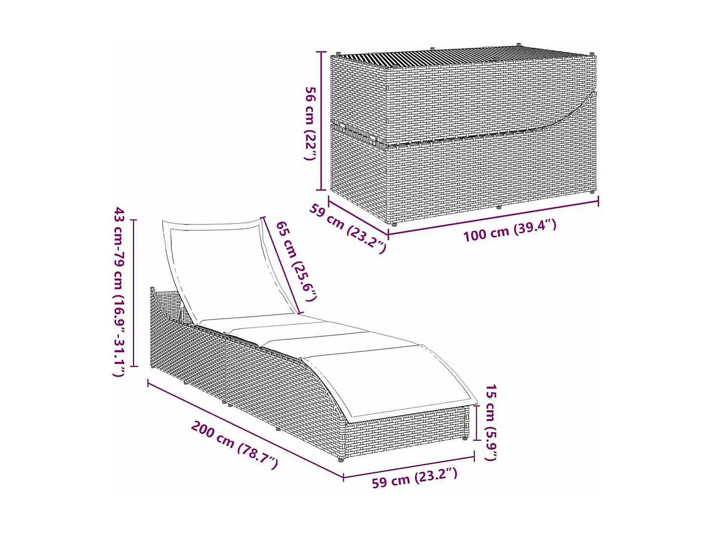 Chaise longue pliante coussin rangement marron résine tressée