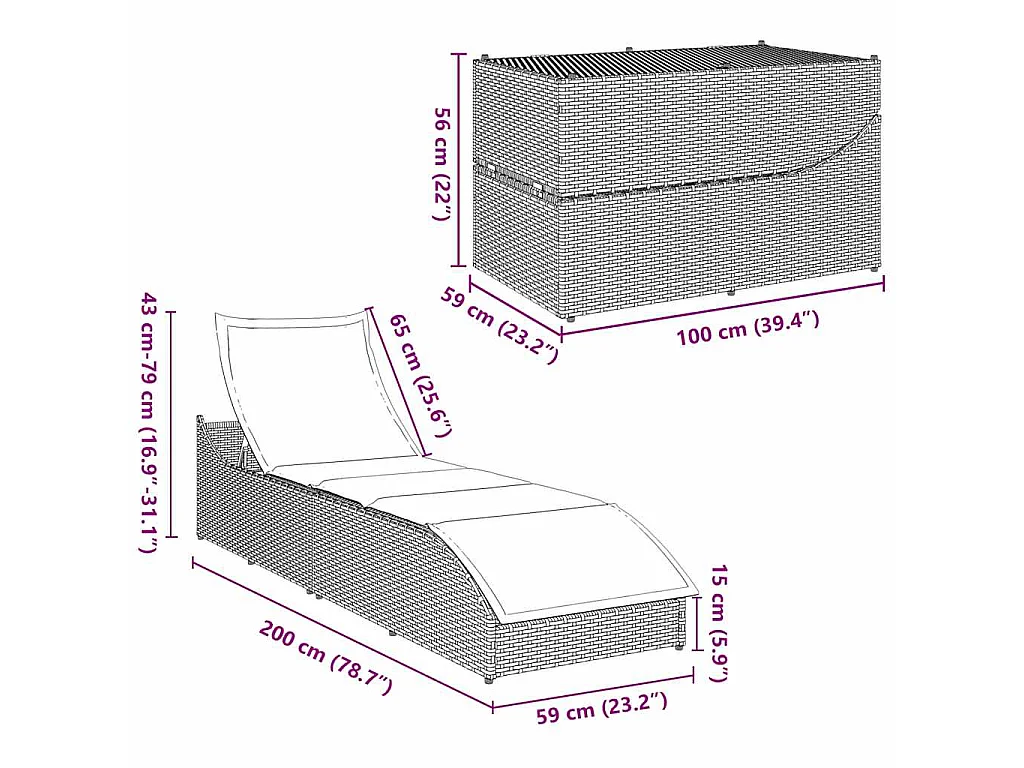 Klappliege mit Auflage und Stauraum Braun Poly-Rattan