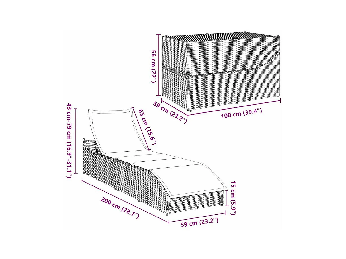 Chaise longue pliante coussin et rangement gris résine tressée