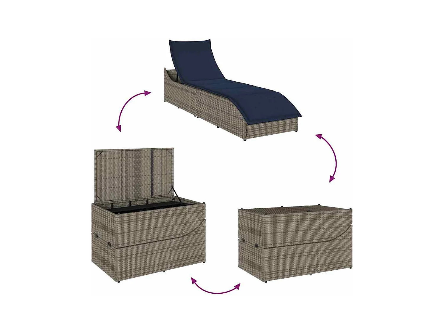 Klappliege mit Auflage und Stauraum Grau Poly-Rattan