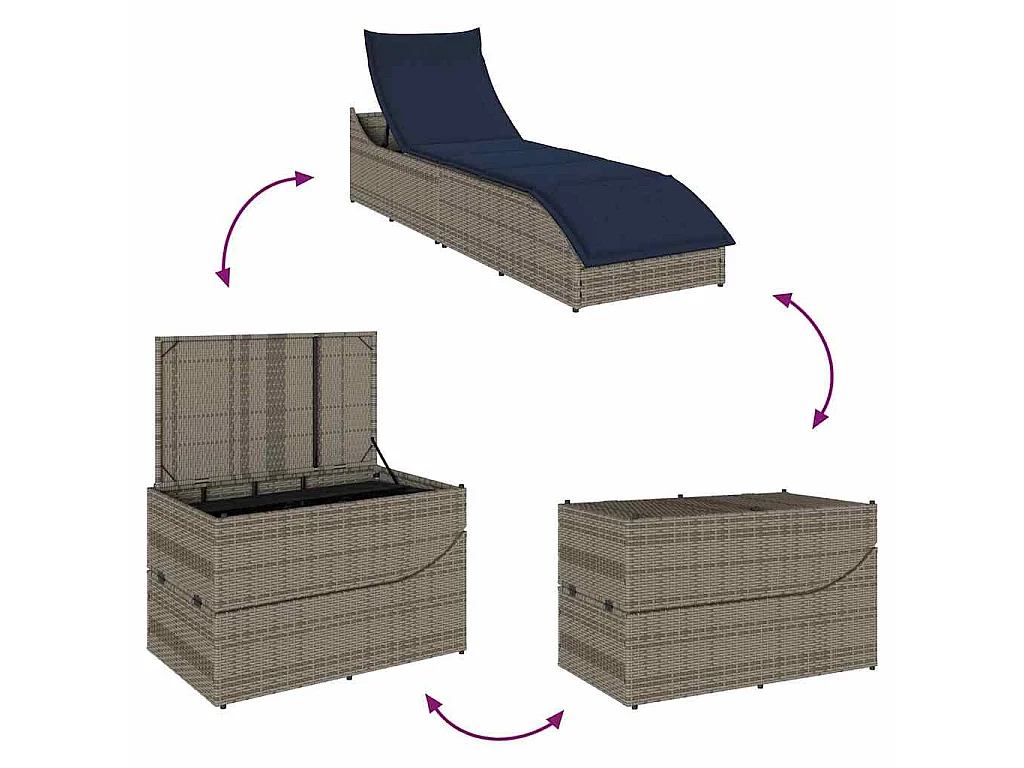 Klappliege mit Auflage und Stauraum Grau Poly-Rattan