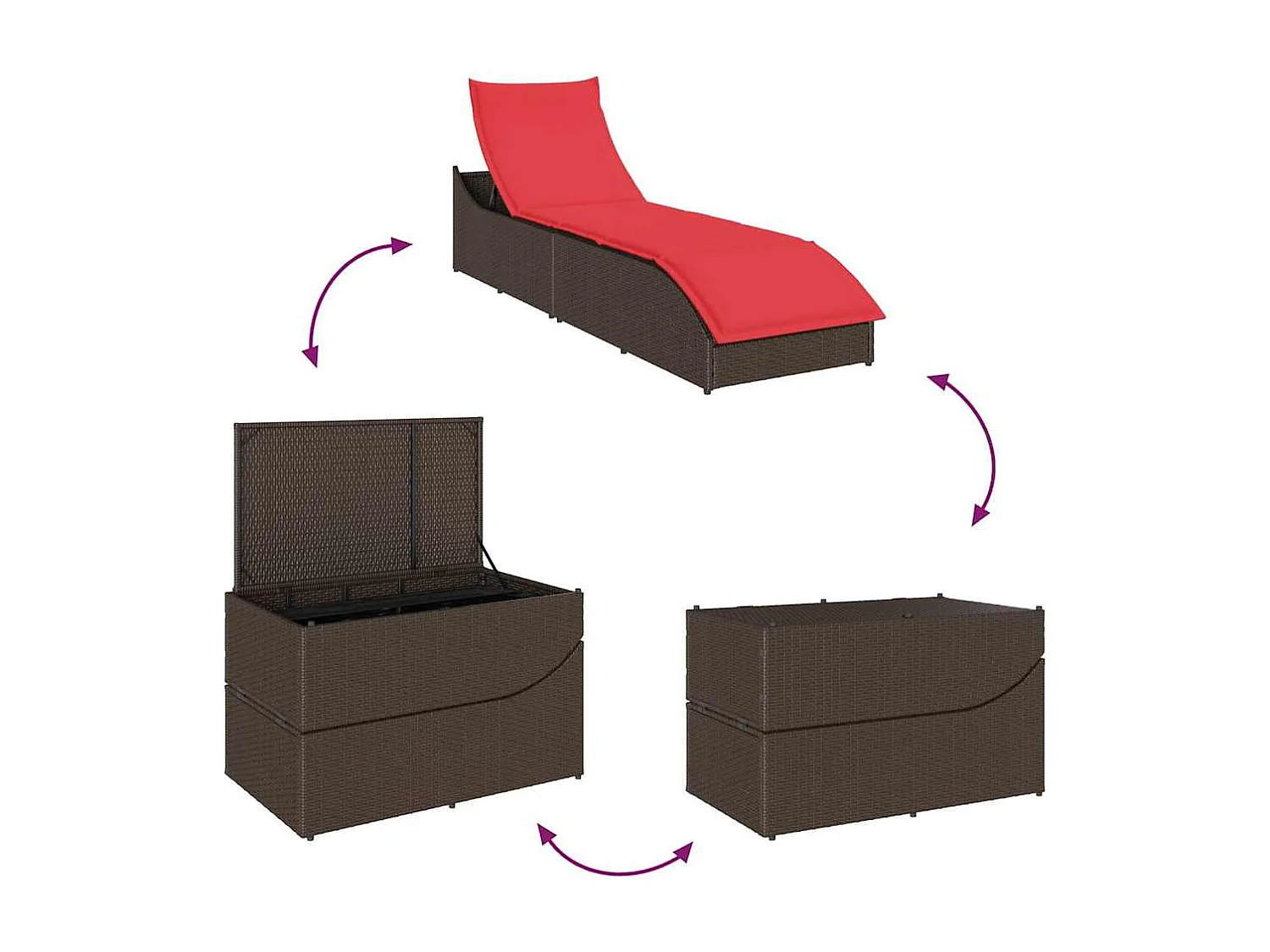 Chaise longue pliante coussin rangement marron résine tressée