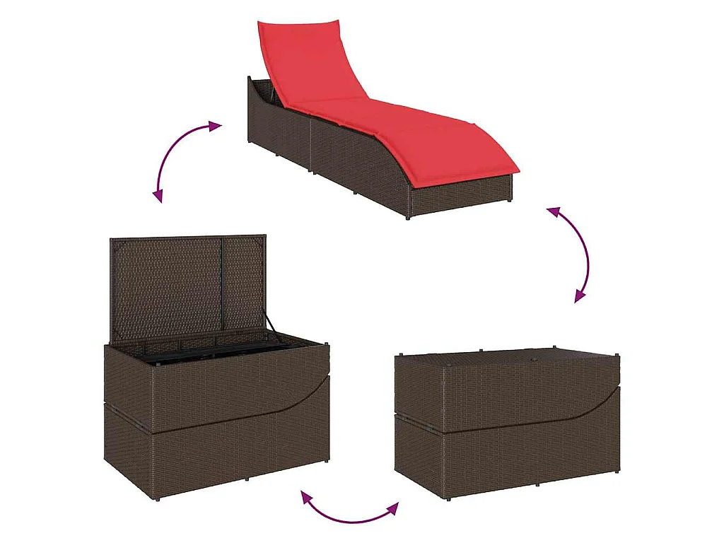 Klappliege mit Auflage und Stauraum Braun Poly-Rattan
