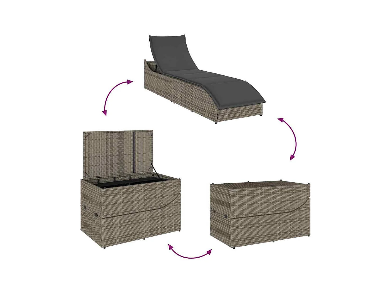Klappliege mit Auflage und Stauraum Grau Poly-Rattan