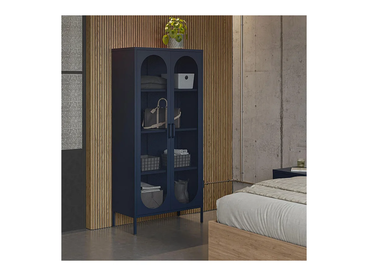 OLIVIA - Meuble Haut 2 Portes Ajourées en Métal Bleu Foncé