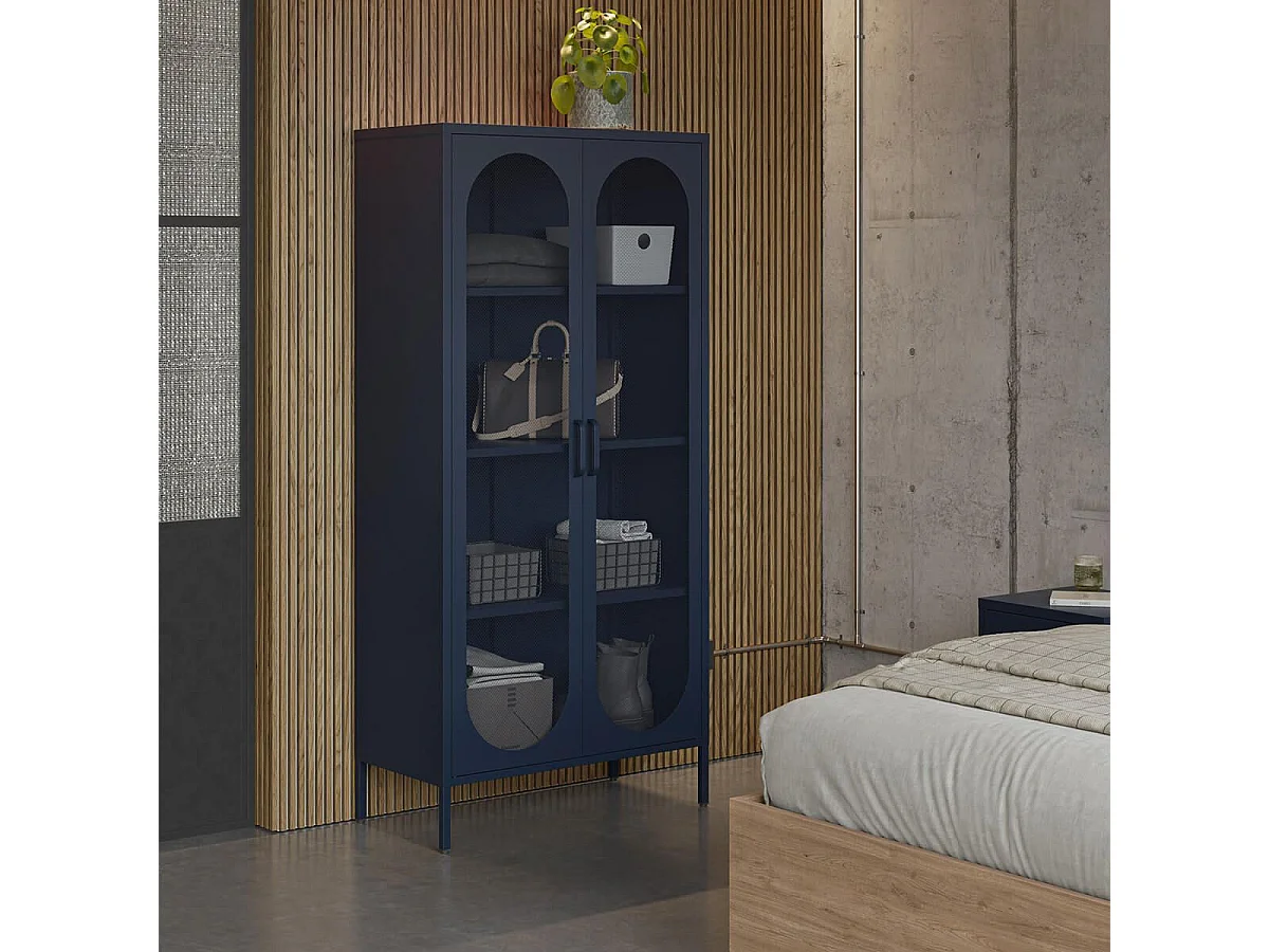 OLIVIA - Meuble Haut 2 Portes Ajourées en Métal Bleu Foncé