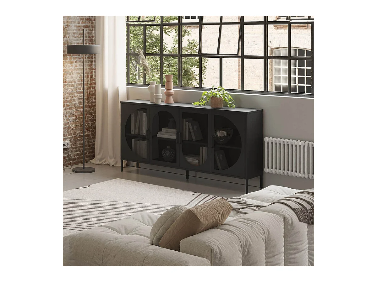 LIOVIA - Meuble TV 180 cm 4 Portes Ajourées en Métal Noir