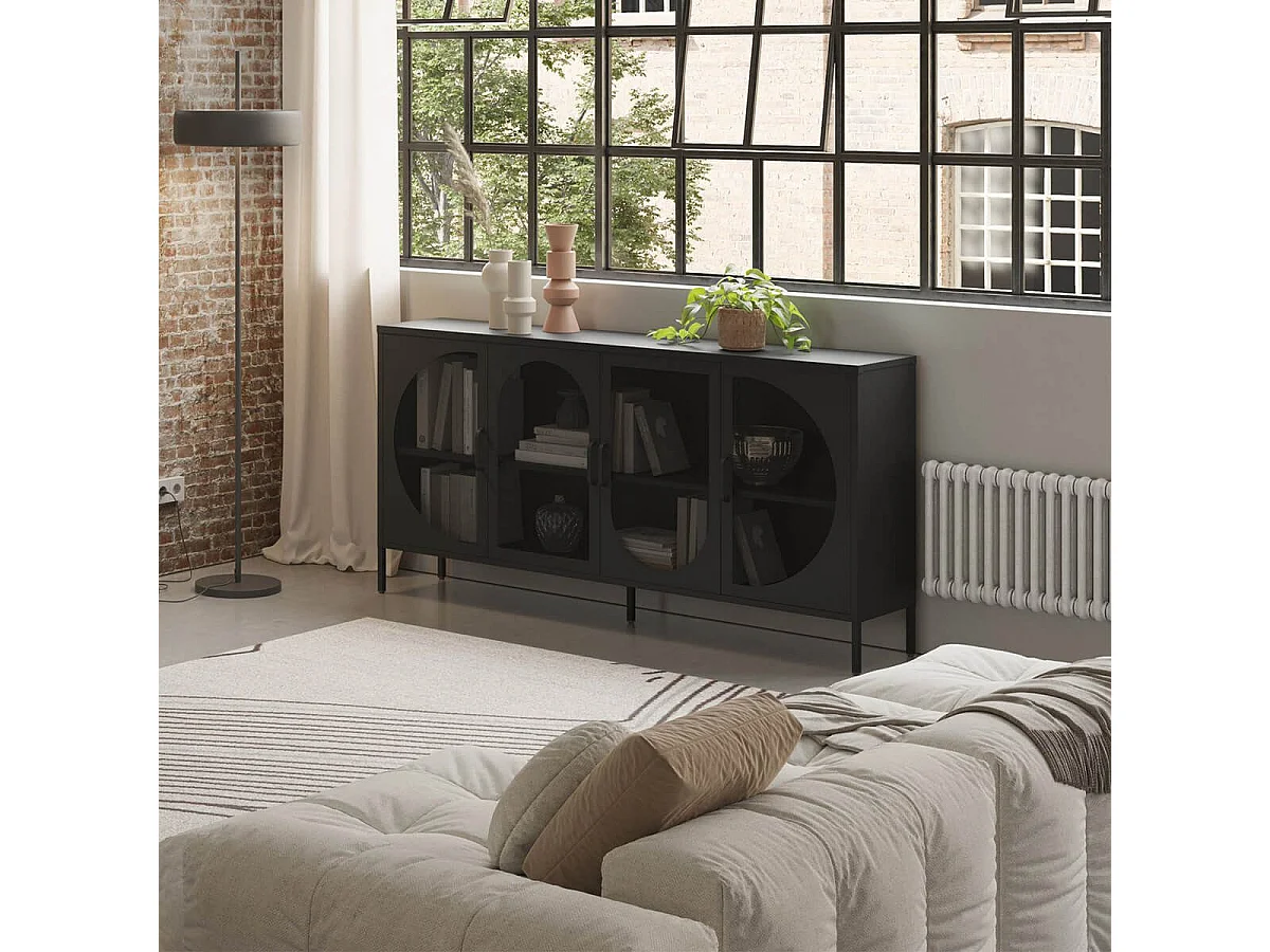 LIOVIA - Meuble TV 180 cm 4 Portes Ajourées en Métal Noir