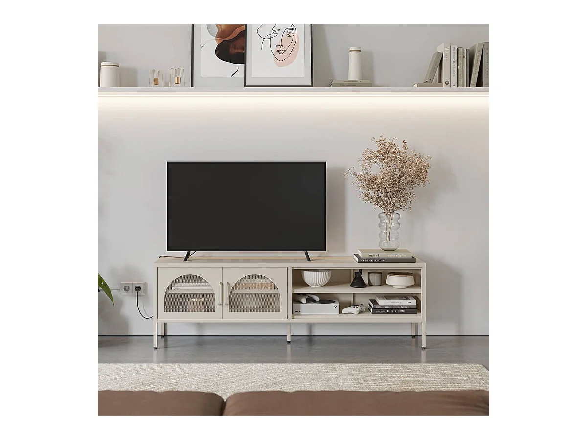 OLIVIA - Meuble TV 160 cm 2 Portes Ajourées 2 Niches en Métal Crème
