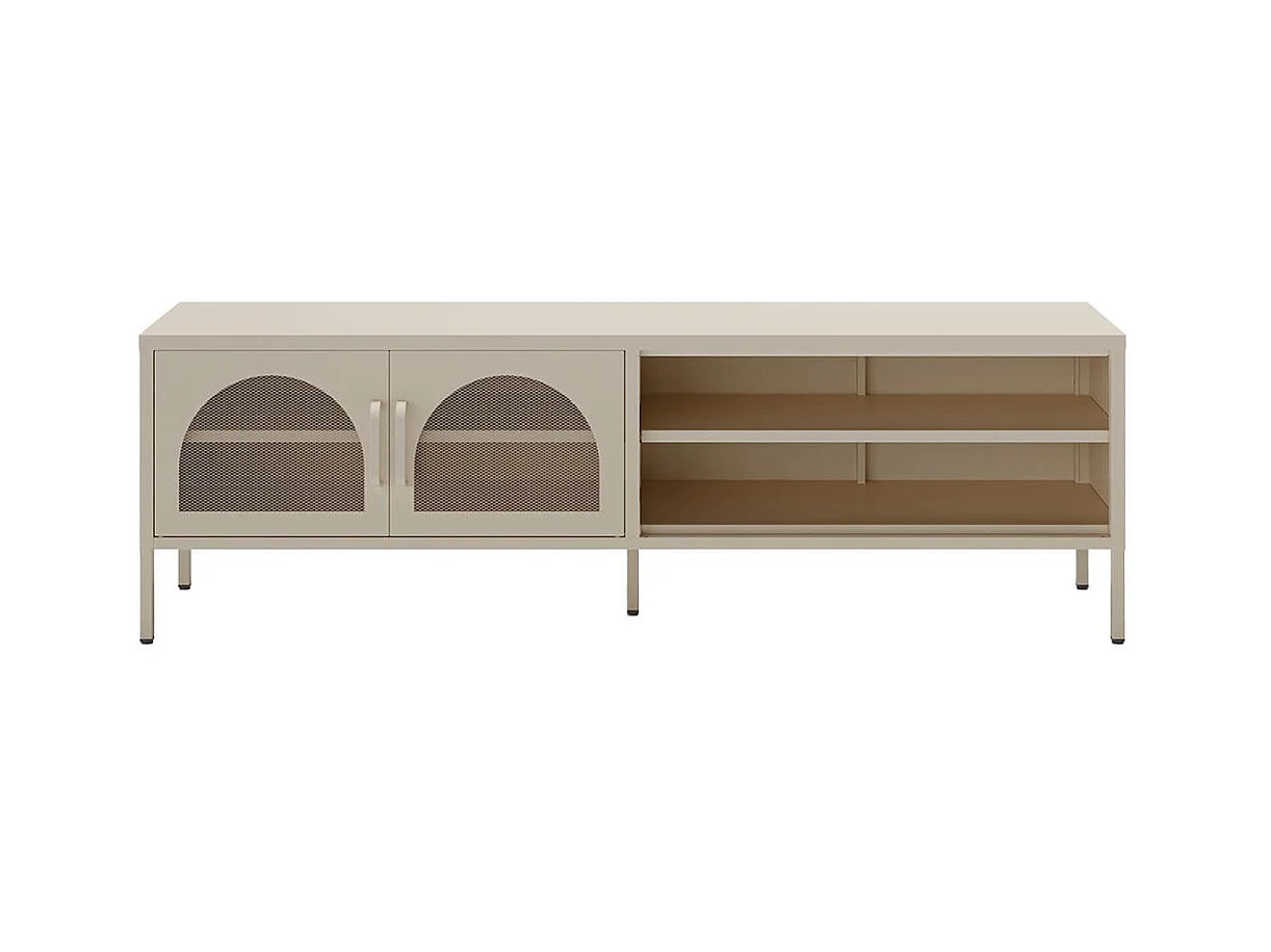 OLIVIA - Meuble TV 160 cm 2 Portes Ajourées 2 Niches en Métal Crème