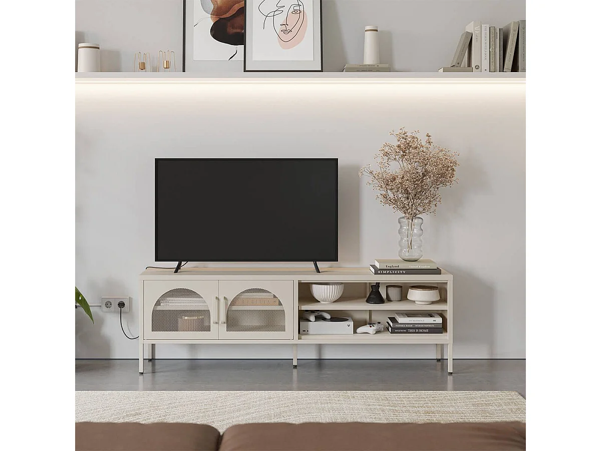 OLIVIA - Meuble TV 160 cm 2 Portes Ajourées 2 Niches en Métal Crème