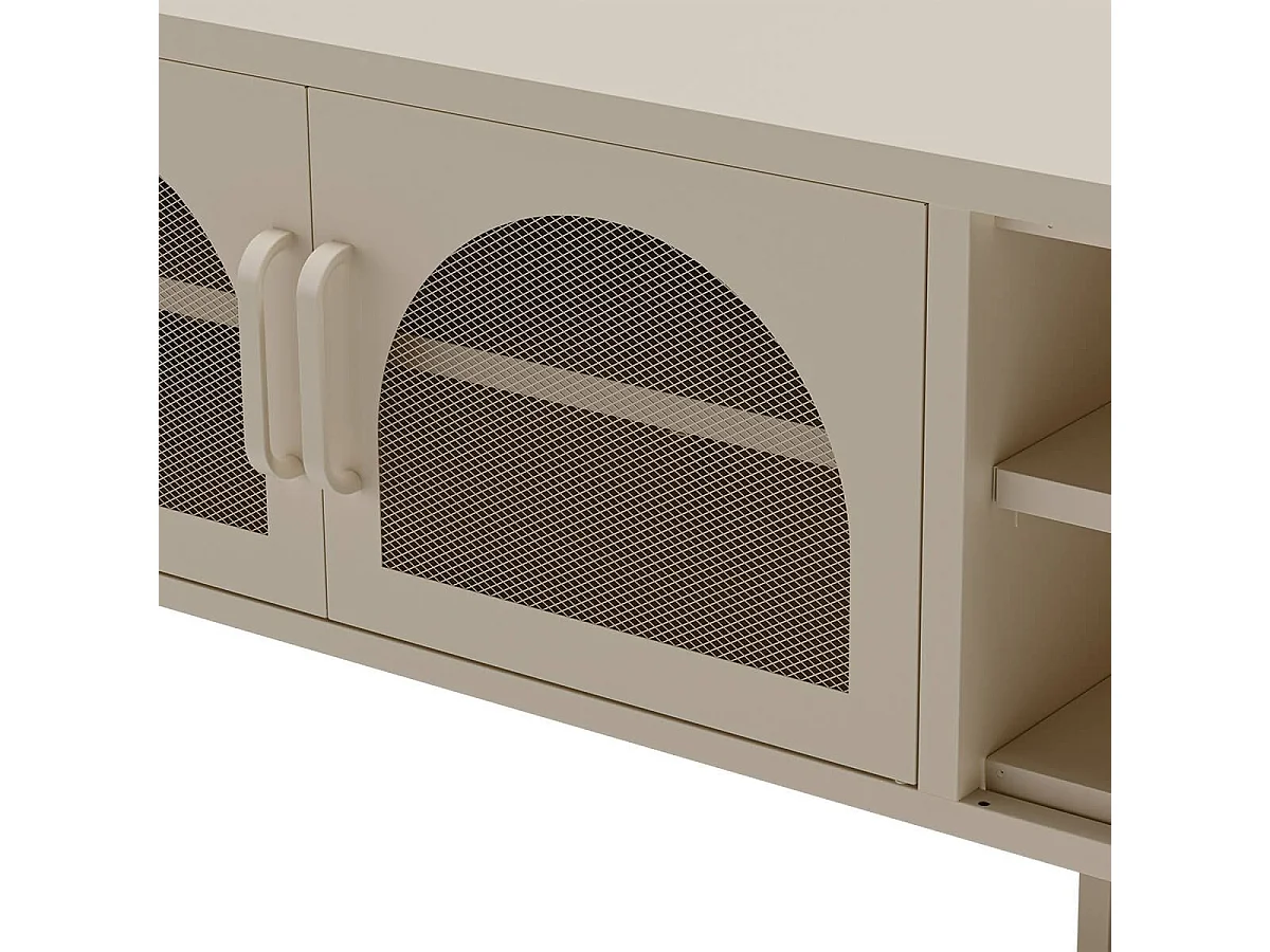 OLIVIA - Meuble TV 160 cm 2 Portes Ajourées 2 Niches en Métal Crème