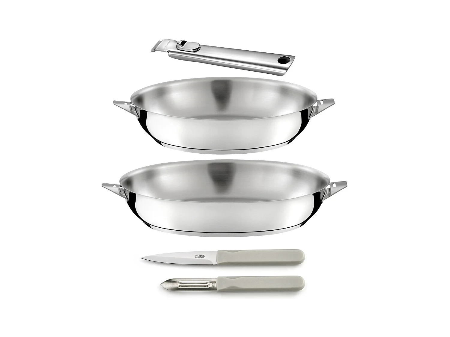 Eclipse - Set 2 poêles 24/28cm inox, 1 poignée amovible inox, 1 éplucheur et 1 couteau office