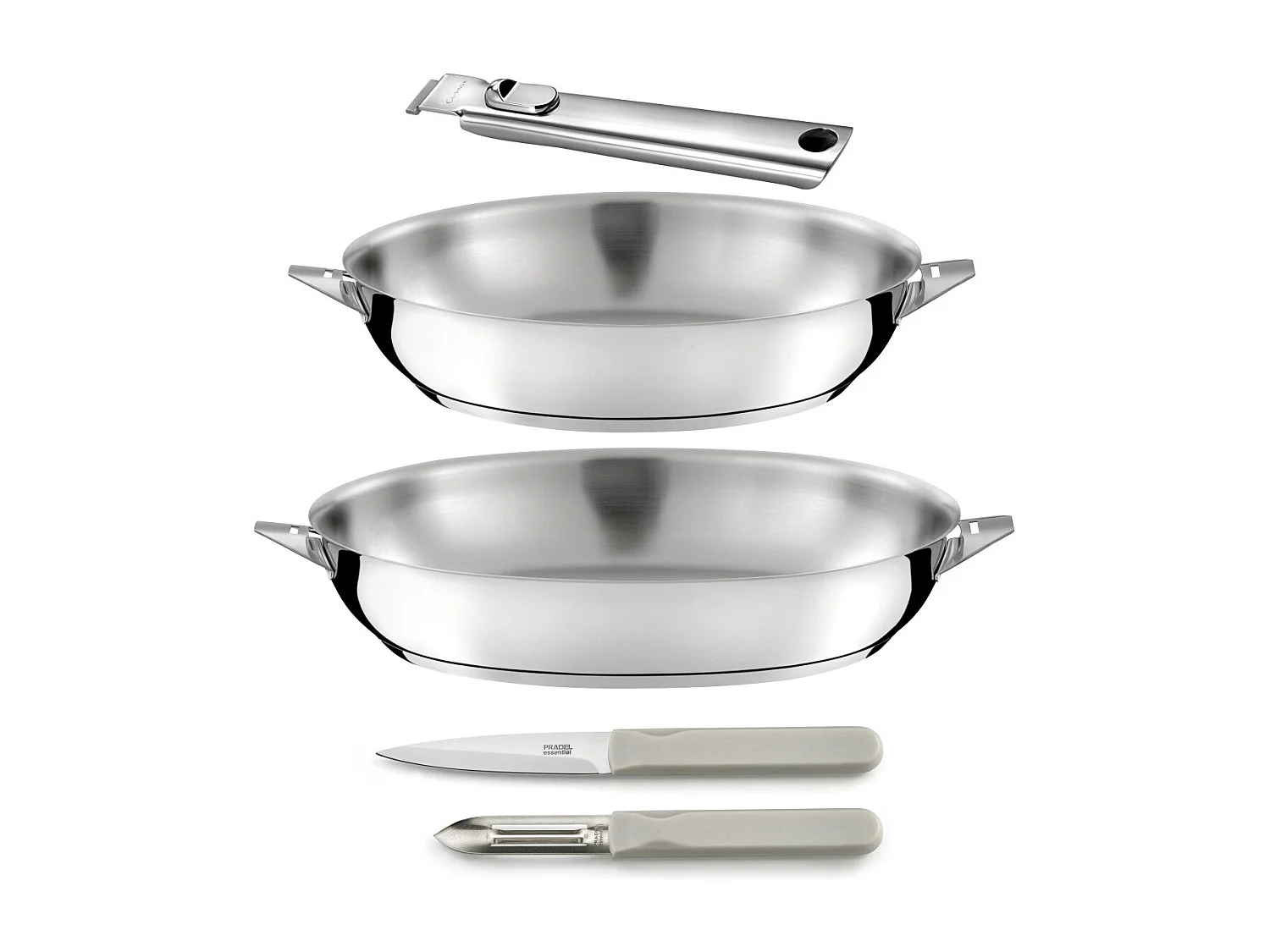 Eclipse - Set 2 poêles 24/28cm inox, 1 poignée amovible inox, 1 éplucheur et 1 couteau office