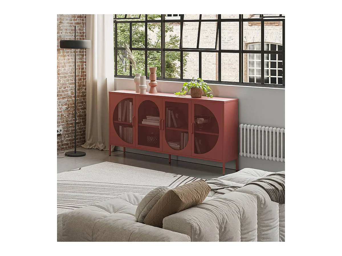 LIOVIA - Meuble TV 180 cm 4 Portes Ajourées en Métal Terracotta