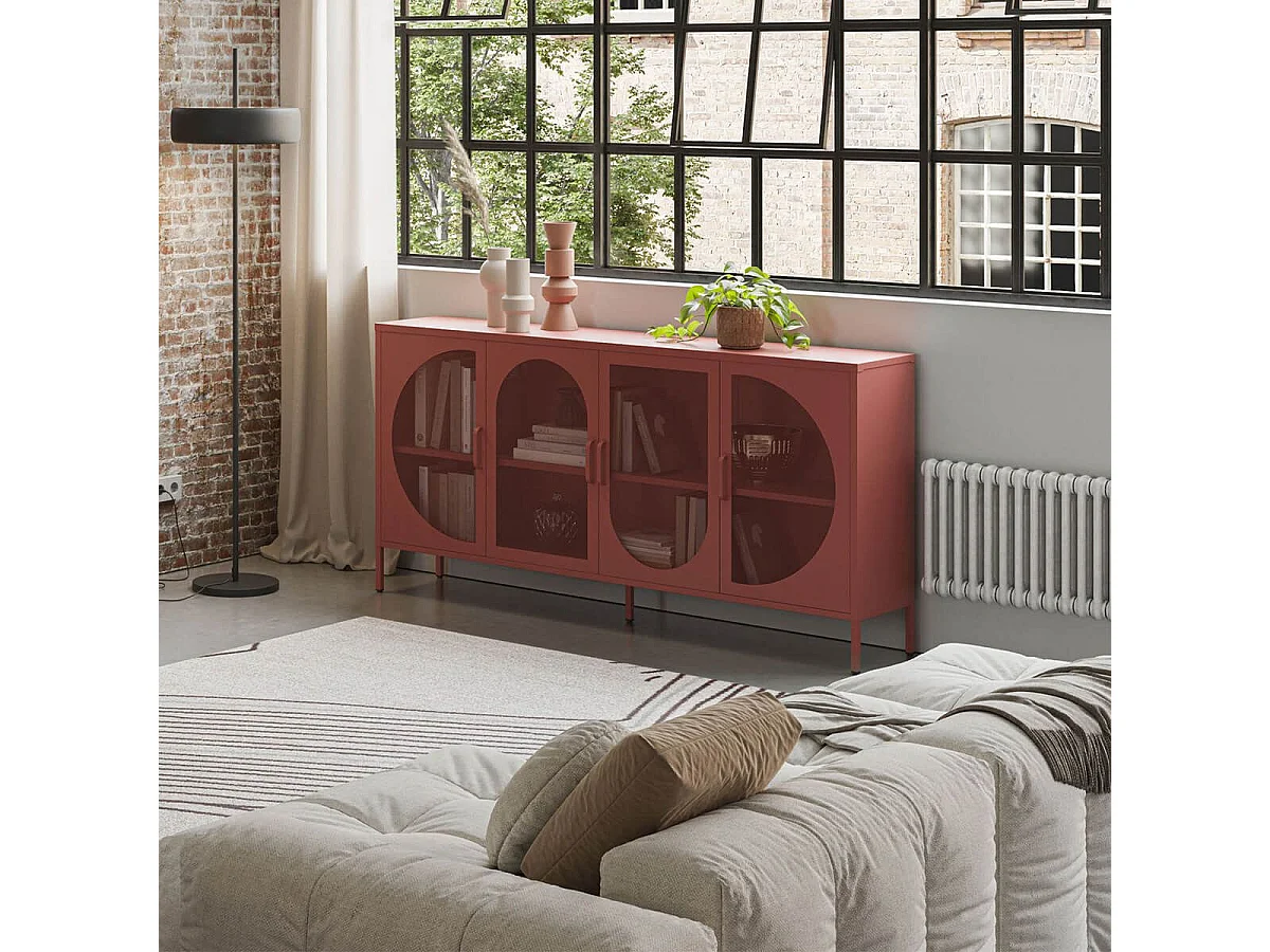 LIOVIA - Meuble TV 180 cm 4 Portes Ajourées en Métal Terracotta