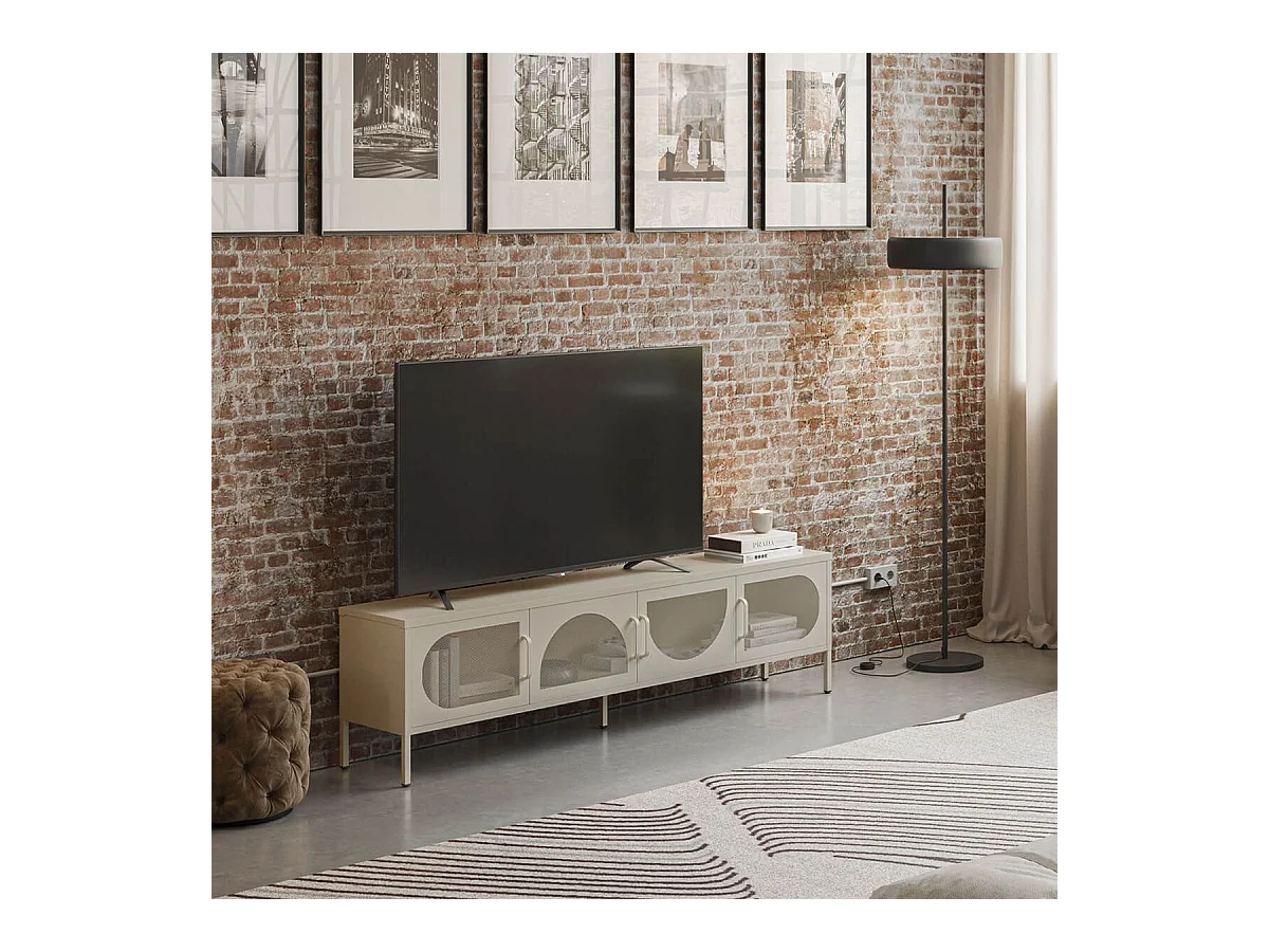 LIOVIA - Meuble TV 180 cm 4 Portes Ajourées en Métal Crème